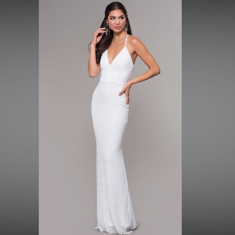 White Long V-Neck Sequin-Pattern Prom Dress by PromGirl, Size L